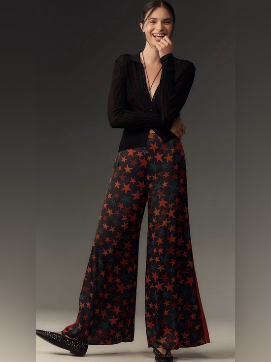 FARM Rio Pants - FARM x Anthropologie Rio Black Wide-Leg Star Print Pants with Red & Orange Stars